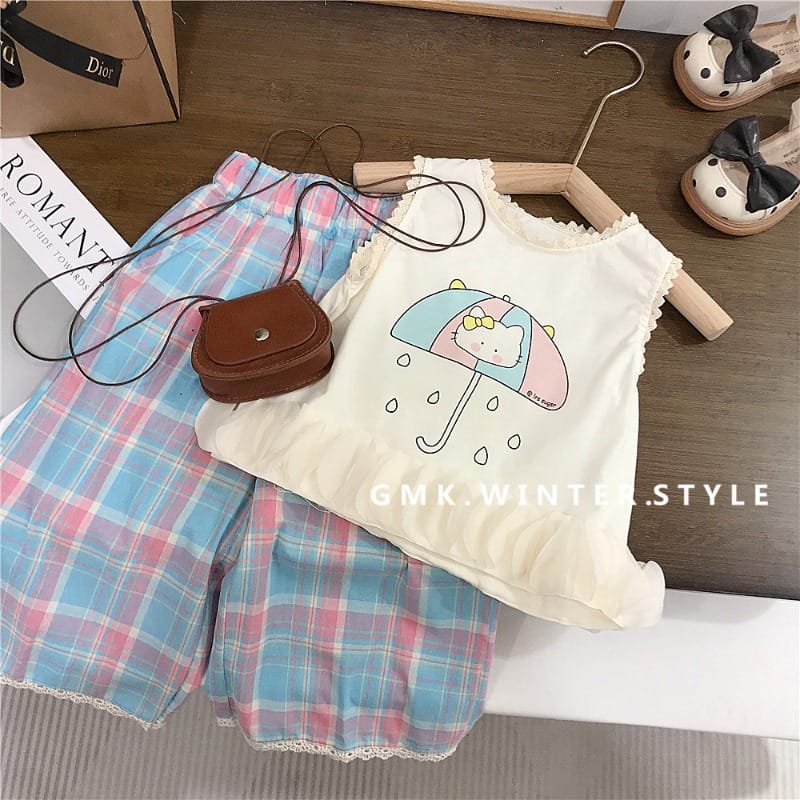 【セット】レースフリルノースリーブチェックパンツセットアップ