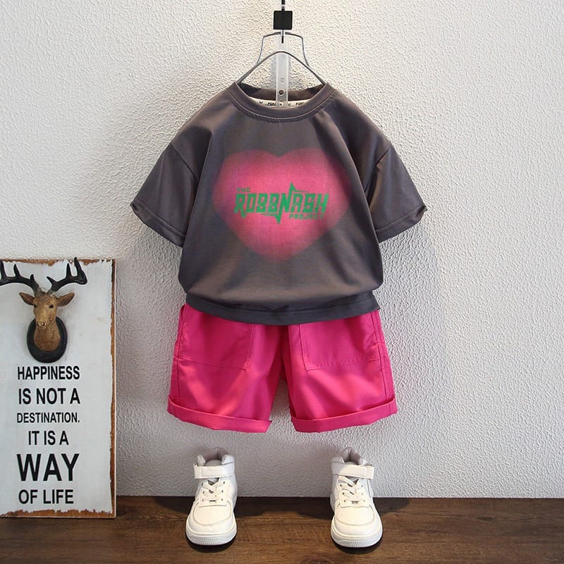 【セット】ピンクハートプリント半袖Tシャツハーフパンツセットアップ