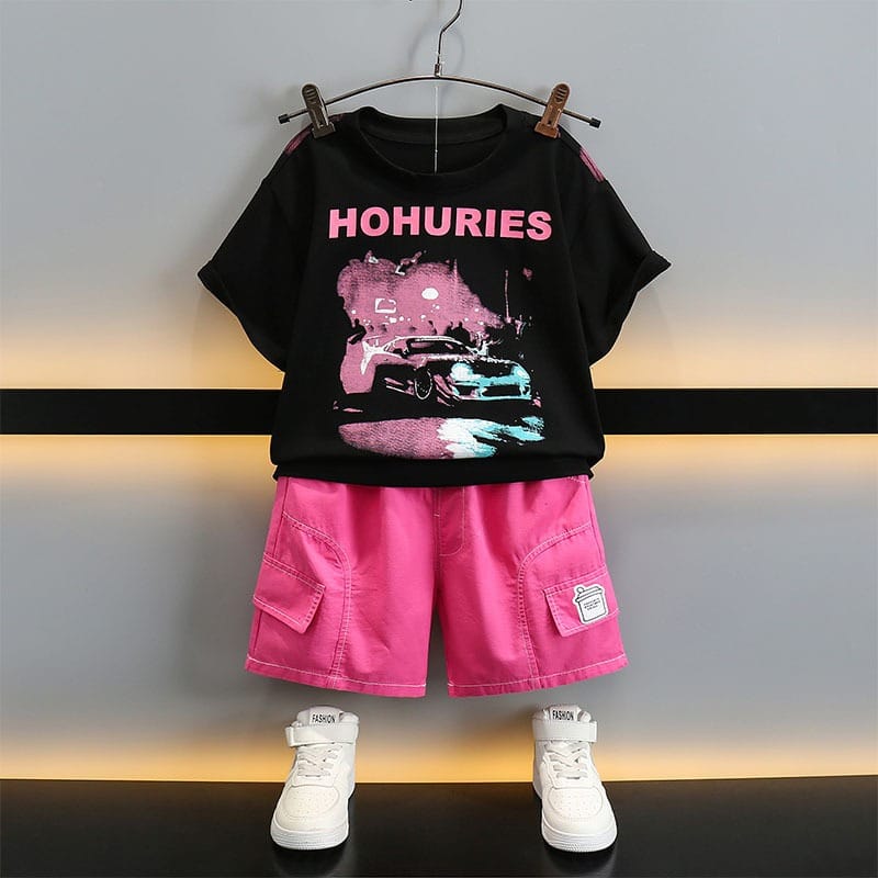 【セット】英字プリント半袖Tシャツピンクハーフパンツセットアップ
