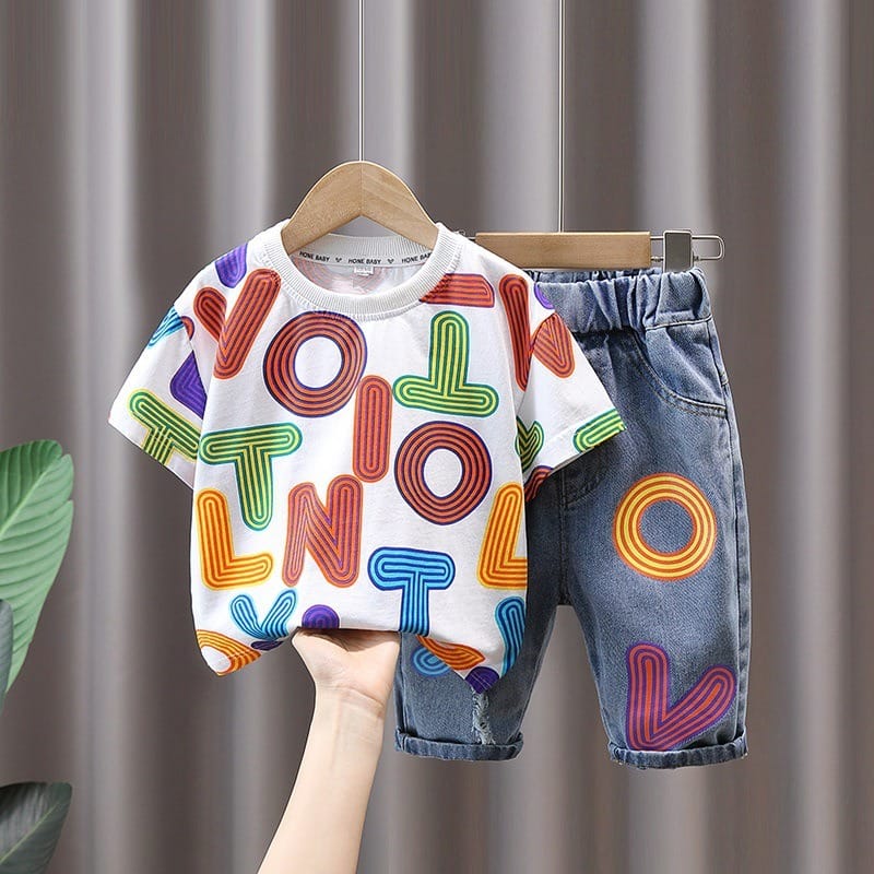 【セット】アルファベットプリント半袖Tシャツデニムパンツセットアップ