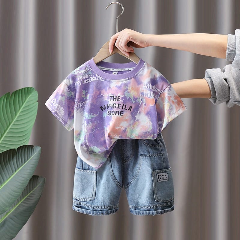 タイダイロゴ半袖Tシャツデニムハーフパンツセットアップ