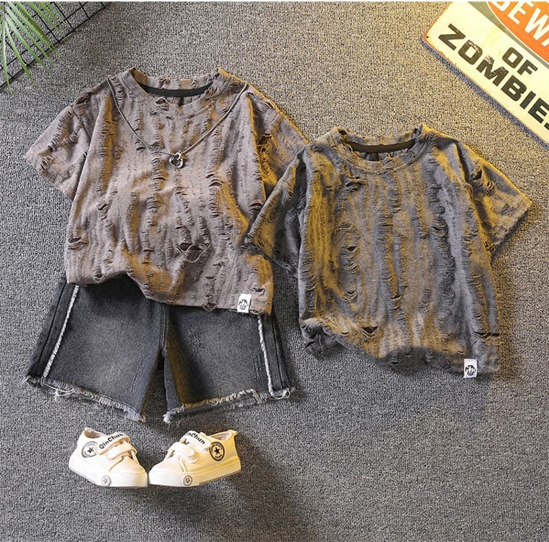 ヴィンテージスクラッチ半袖Tシャツデニムハーフパンツセット