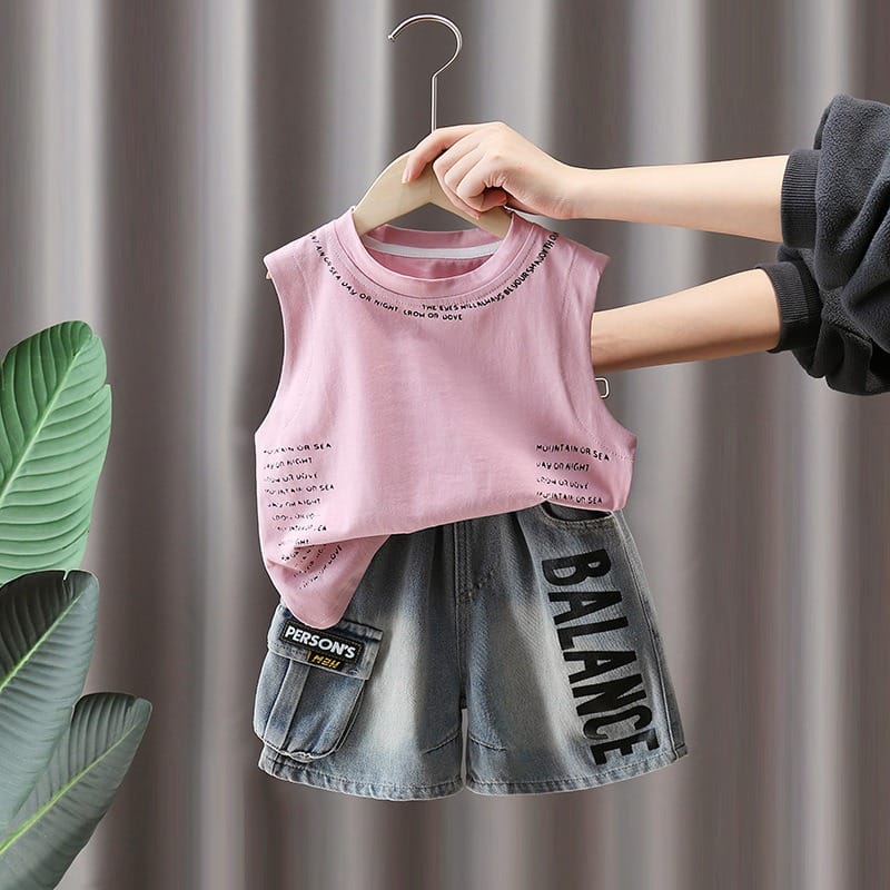 【セット】英字ロゴノースリーブTシャツデニムハーフパンツセットアップ