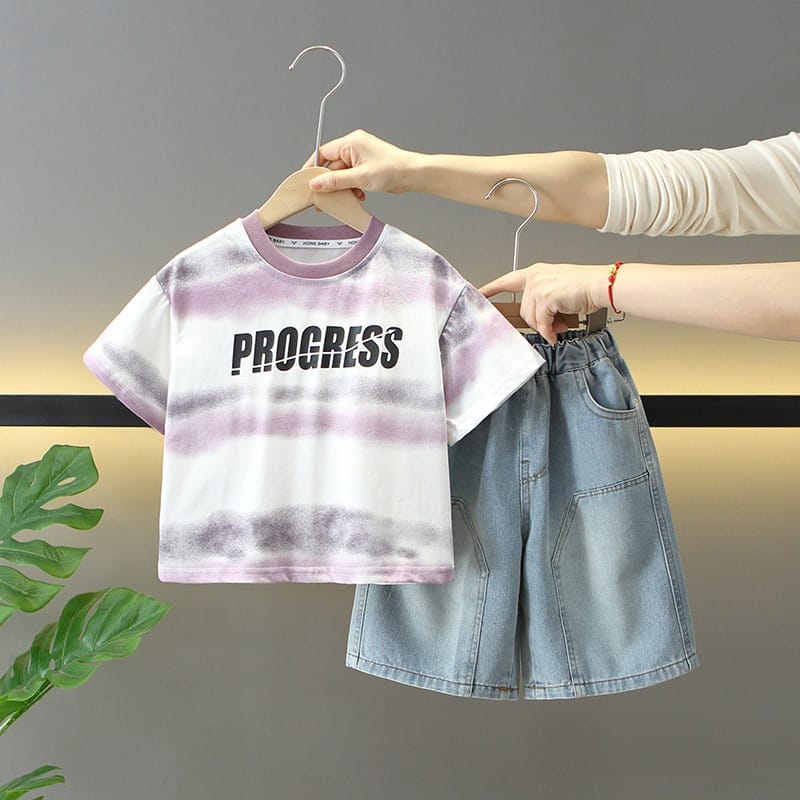 PROGRESSプリント半袖Tシャツデニムハーフパンツセットアップ