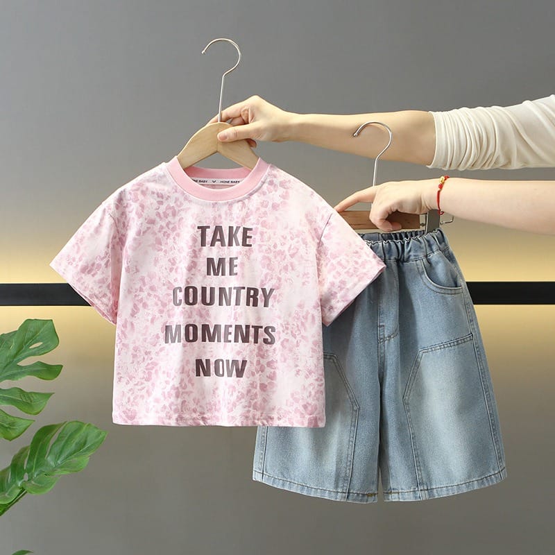 テイクミーロゴ半袖Tシャツデニムハーフパンツセットアップ