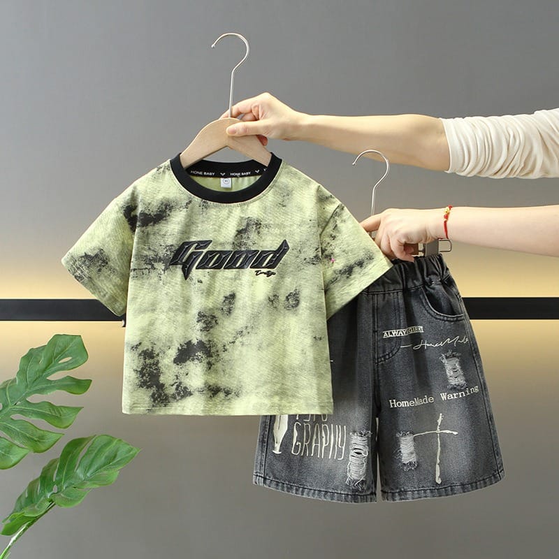 ロゴ半袖Tシャツデニムハーフパンツセットアップ