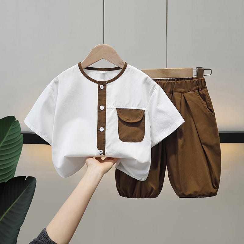 【セット】配色デザイン半袖シャツハーフパンツセットアップ