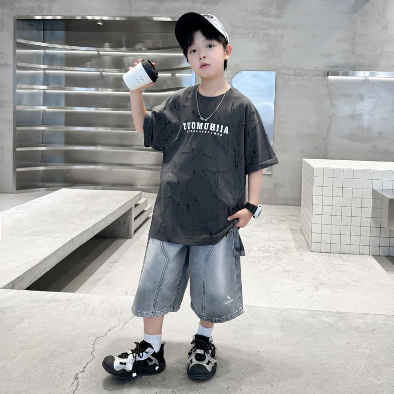 ワイルドクラック英字半袖Tシャツデニムハーフパンツセットアップ