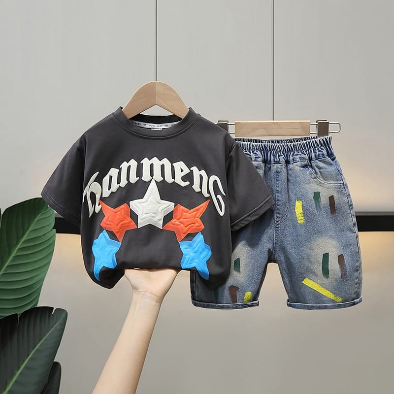 スタープリント半袖Tシャツデニムハーフパンツセットアップ