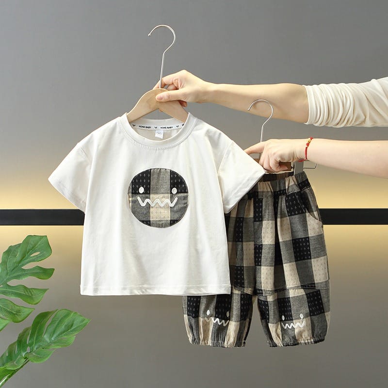 【セット】チェックスマイル半袖Tシャツハーフパンツセットアップ