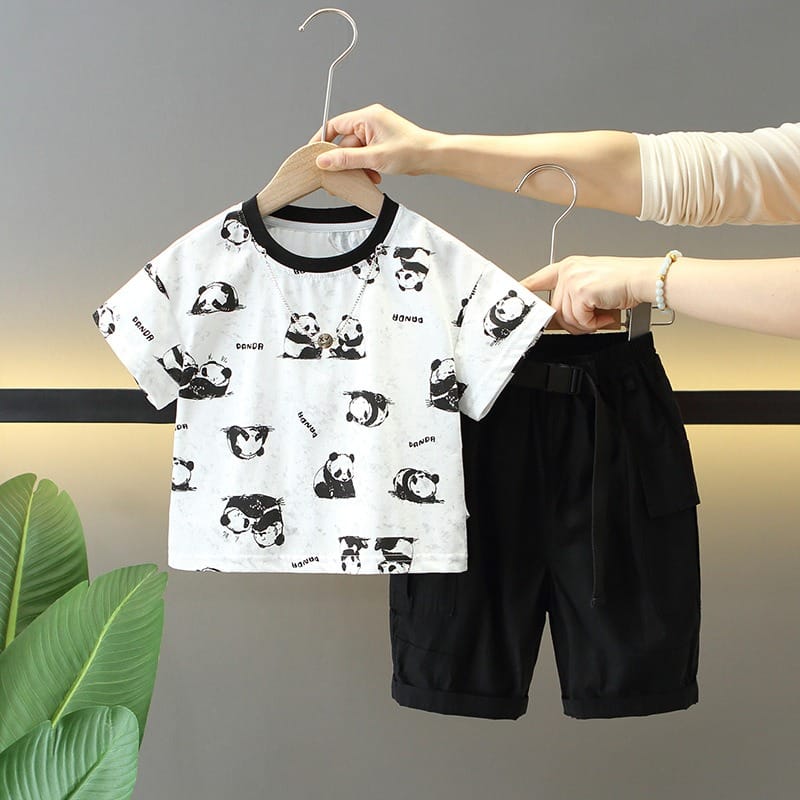 【セット】パンダプリント半袖Tシャツハーフパンツセットアップ