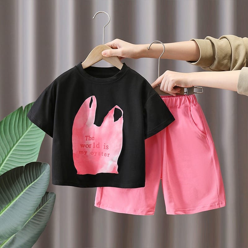【セット】オイスタープリント英字半袖Tシャツハーフパンツセットアップ