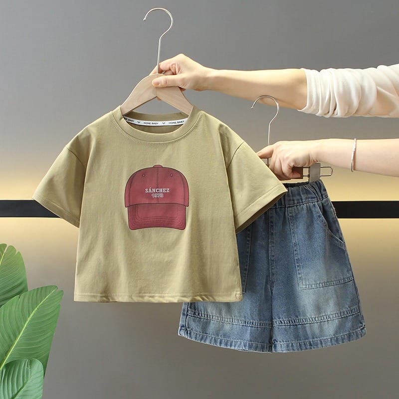 【セット】キャッププリントTシャツデニムハーフパンツセットアップ