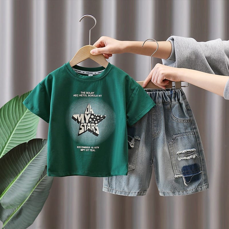 【セット】スタープリントTシャツデニムハーフパンツセットアップ