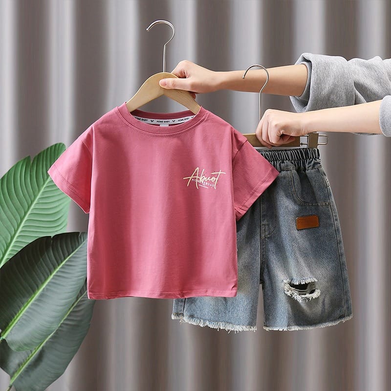 バタフライプリント半袖Tシャツデニムハーフパンツセットアップ
