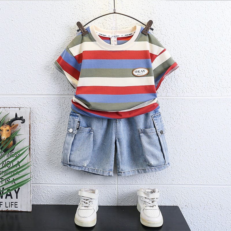 ストライプ半袖Tシャツデニムハーフパンツセットアップ