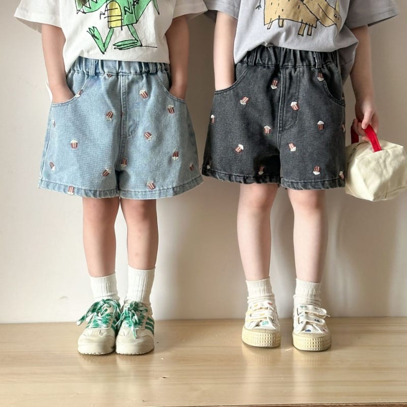 【KID】ポップコーン総柄刺繍デニムハーフパンツ