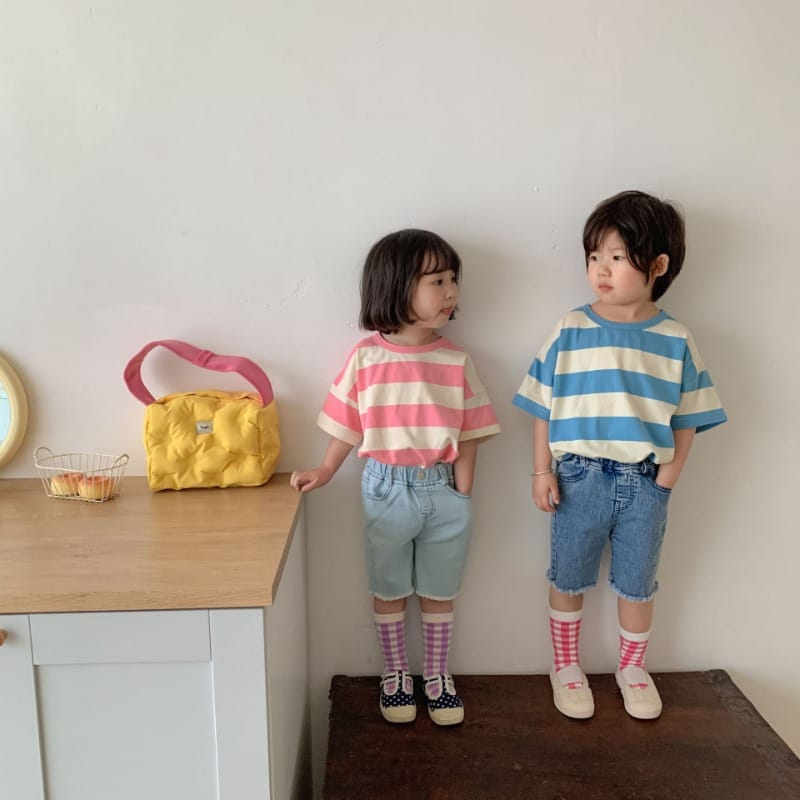 【KID】太ストライプ柄クルーネック半袖Tシャツ