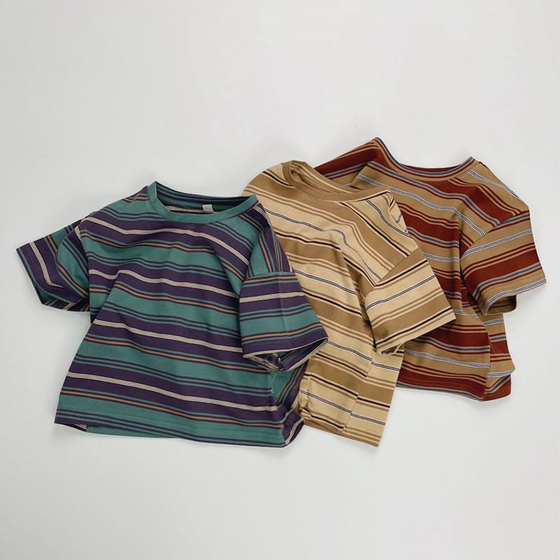 【KID】レトロ配色マルチストライプ半袖Tシャツ