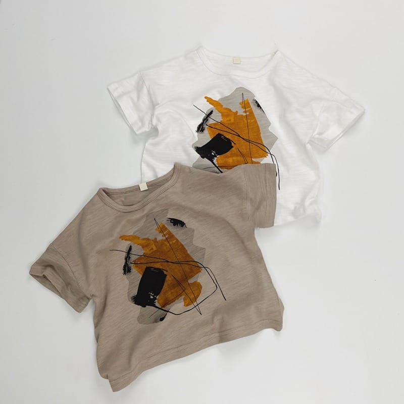 【KID】抽象アートドローイングプリント半袖Tシャツ