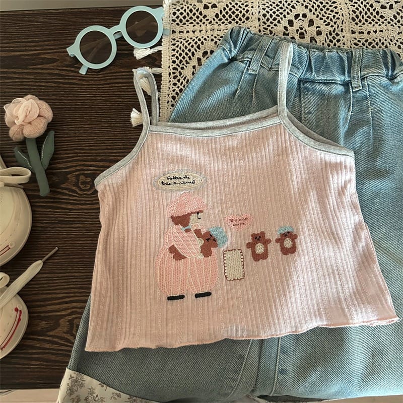 【KID】くまファミリー刺繍キャミソールタンクトップ