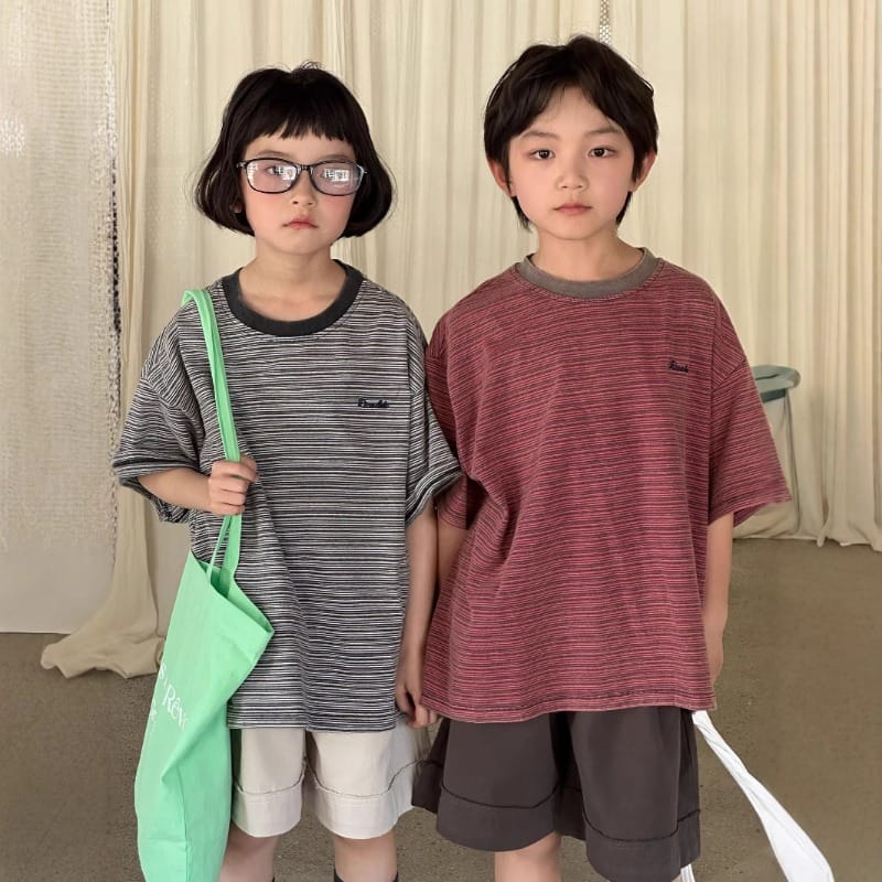 【KID】ウォッシュ加工ロゴ刺繍ストライプ半袖Tシャツ