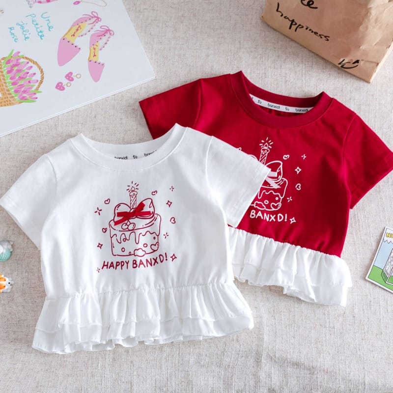 【KID】リボンケーキプリントフリル半袖Tシャツ