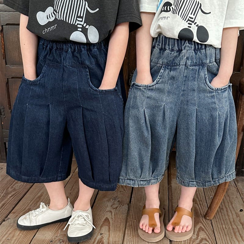 【KID】ピンタックデザインワイドデニムハーフパンツ