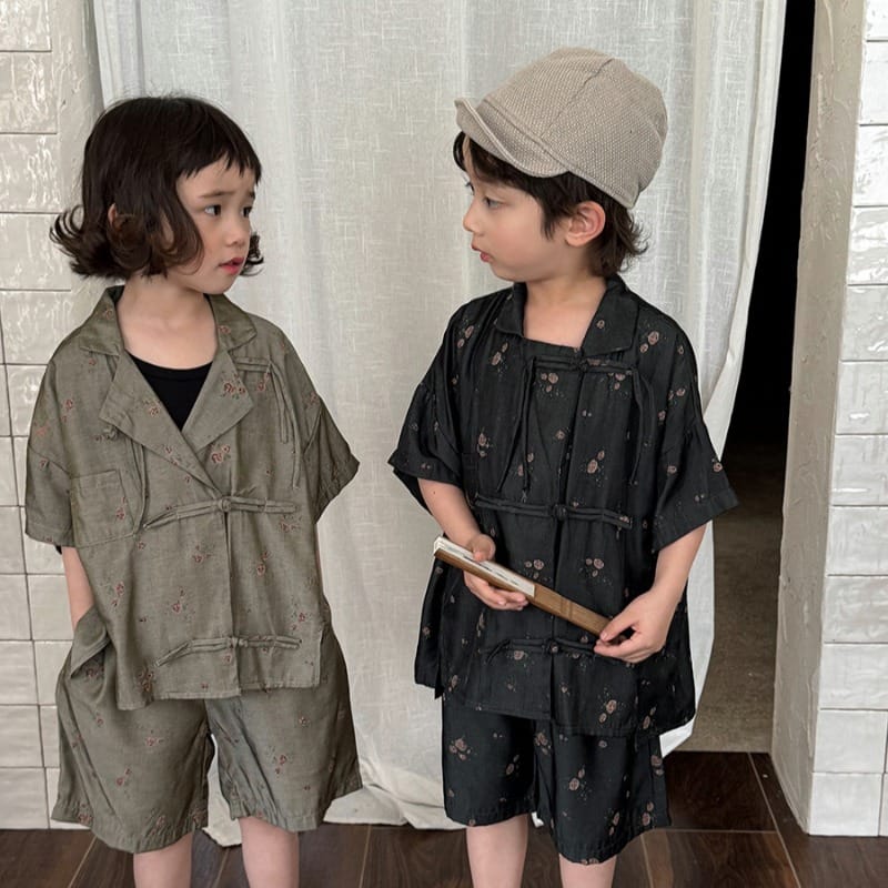 【セット】フラワーチャイナボタン半袖シャツハーフパンツセットアップ