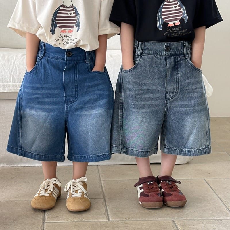 【KID】ビンテージ風ウォッシュワイドデニムハーフパンツ
