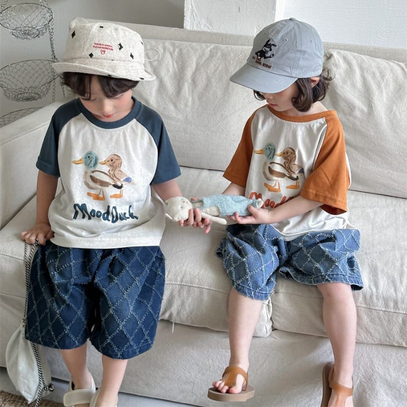 【KID】ダイヤ柄カットデザインデニムハーフパンツ