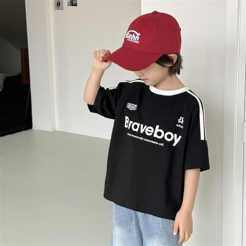 【KID】スポーティ英字ロゴサイドライン半袖Tシャツ