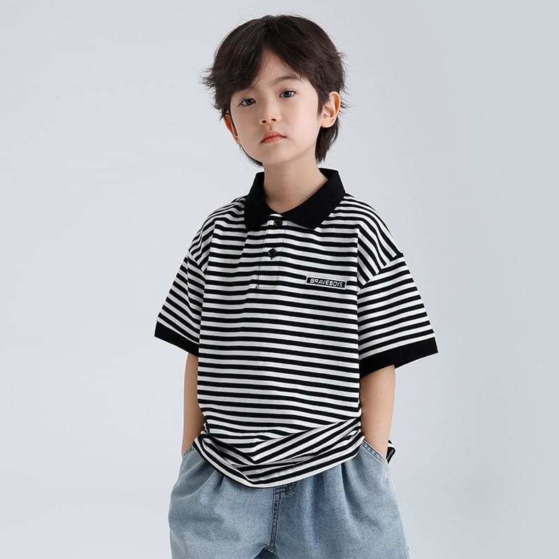 【KID】ブラックストライプ襟付き半袖ポロシャツ