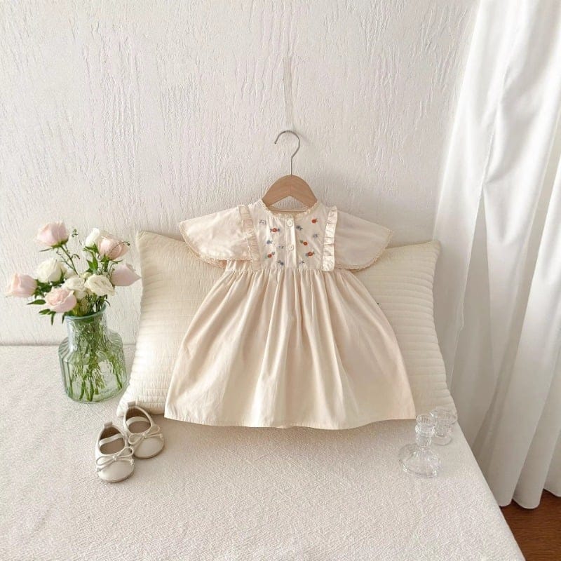 【BABY】オレンジフラワー刺繍フリル半袖ワンピース
