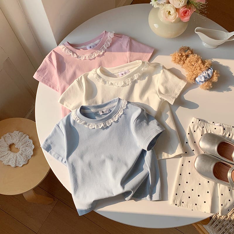 【KID】襟元レースフリルクルーネック半袖Tシャツ