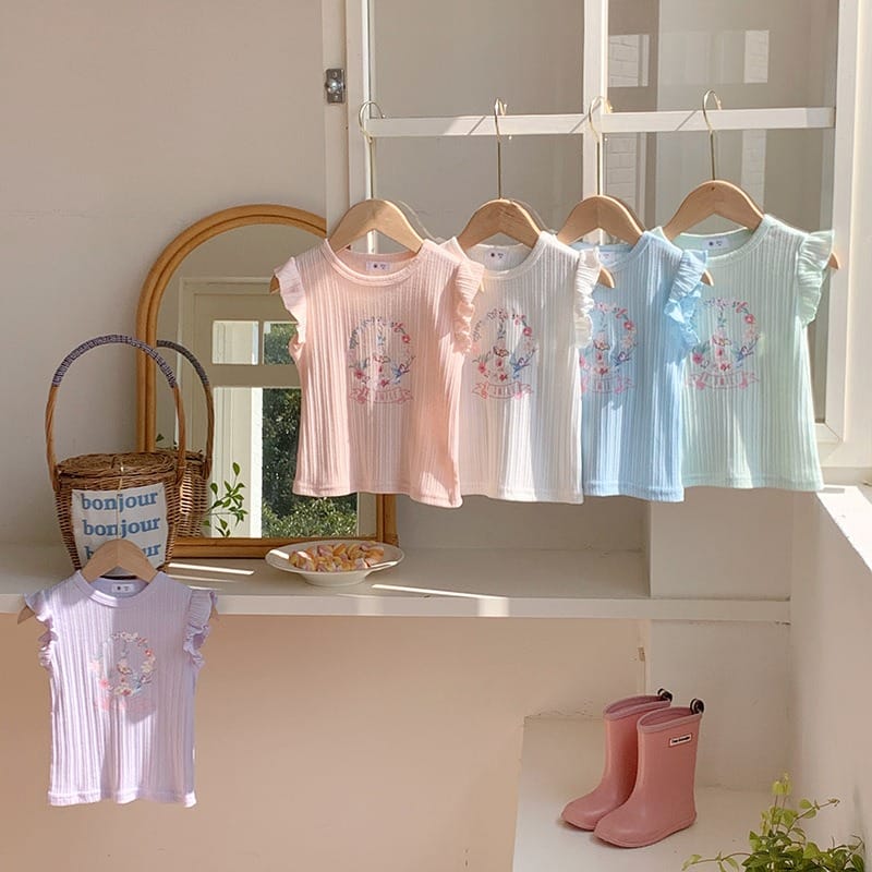 【KID】スマイルフラワーフリル袖ノースリーブTシャツ