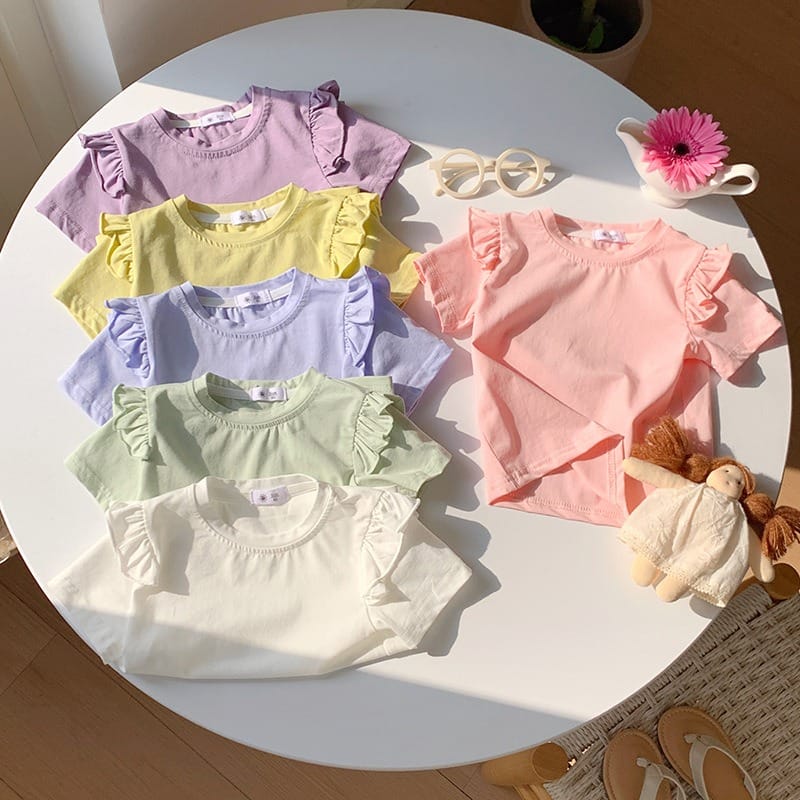 【KID】肩フリルデザインキャンディカラー半袖Tシャツ