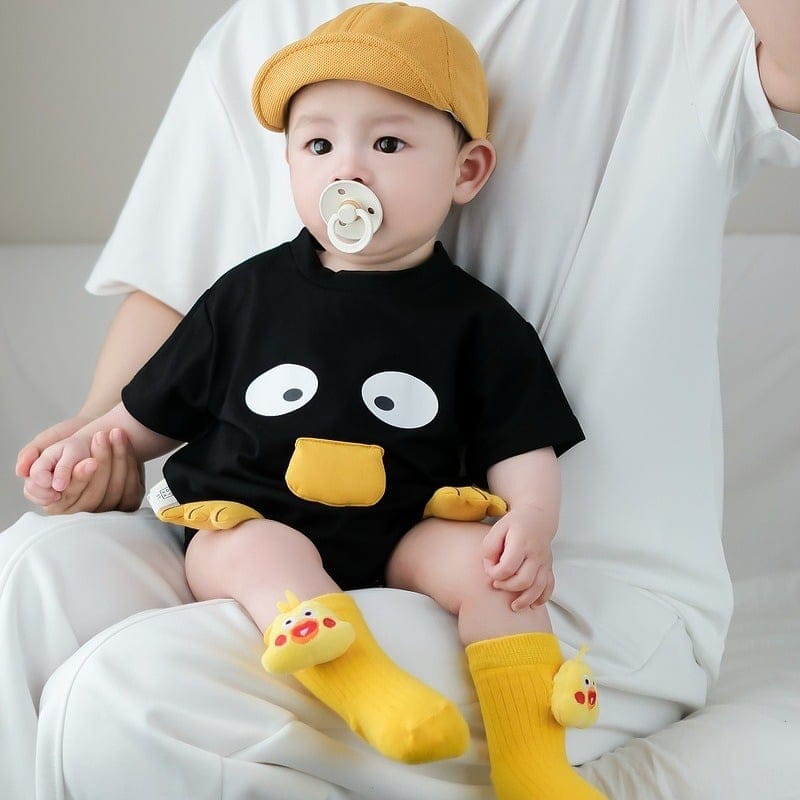 【BABY】あひるフェイスモチーフ半袖ベビーロンパース