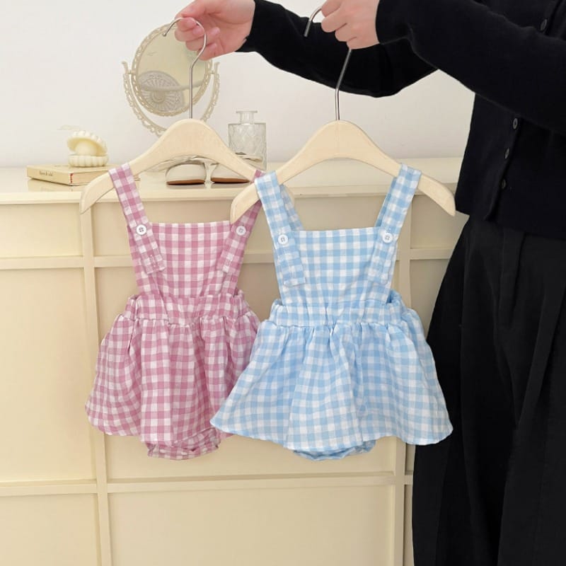 【BABY】チェックサスペンダーワンピース風ロンパース