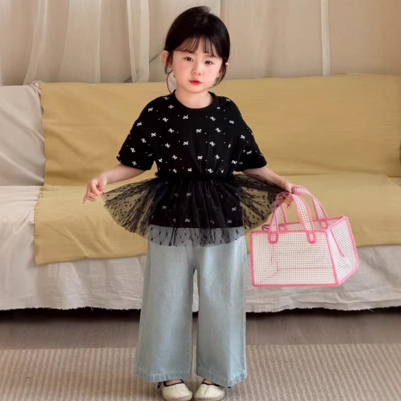 【KID】リボンチュールレース切替半袖Tシャツ