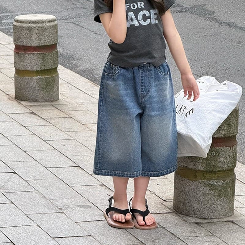 【KID】ウォッシュ加工デニムウエストゴムクロップドパンツ