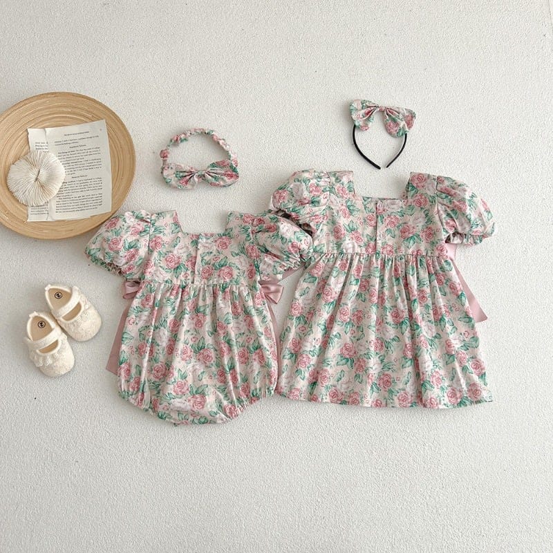 【姉妹服】ローズプリントロンパース／ローズプリントワンピース