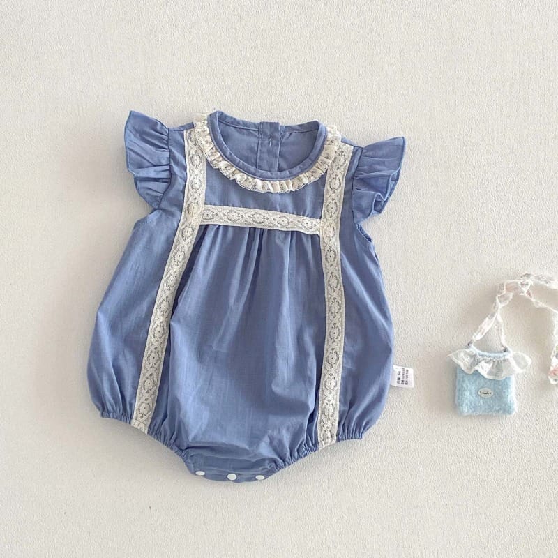【BABY】フレンチレースフリル袖ラウンドネックロンパース