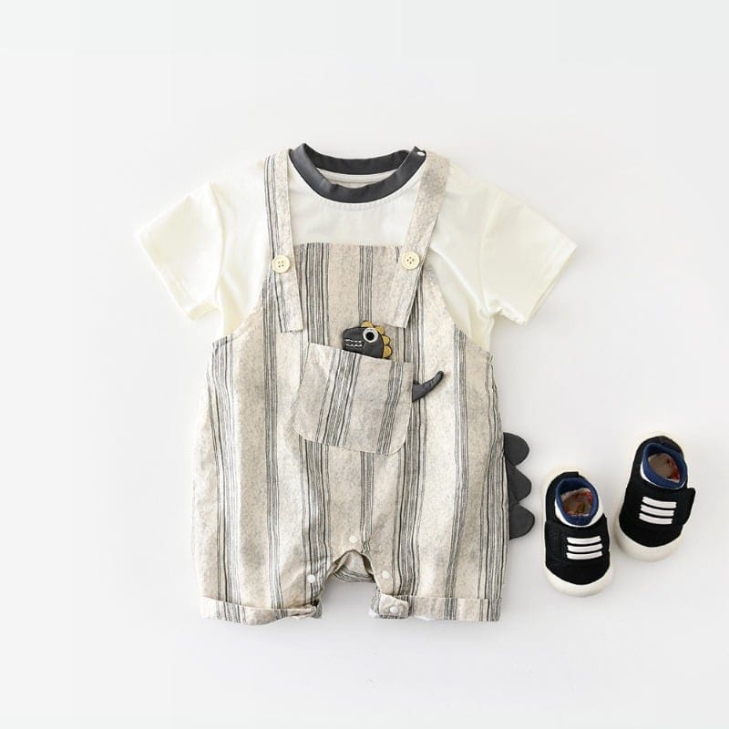 恐竜ストライプサロペットロンパース半袖Tシャツセット