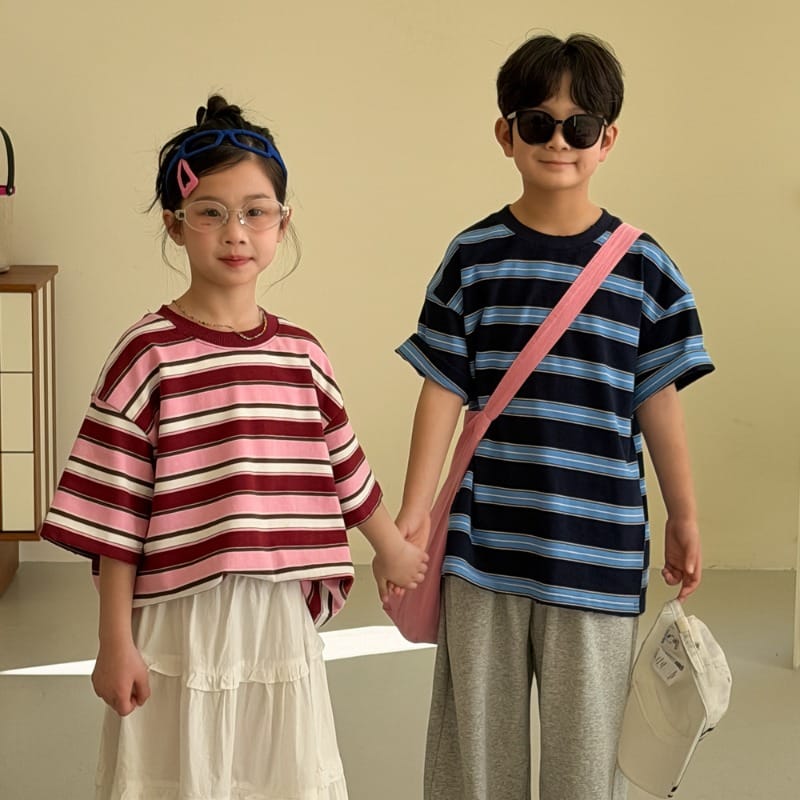 【KID】ワイドストライプクルーネック半袖Tシャツ