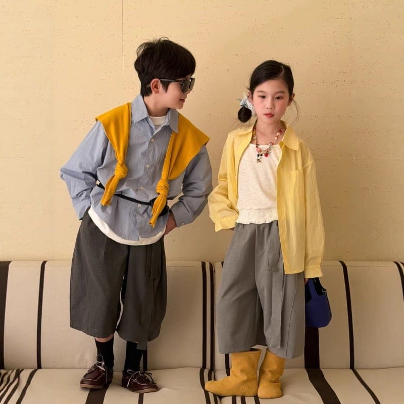 【KID】シンプル無地長袖レギュラーカラーシャツ