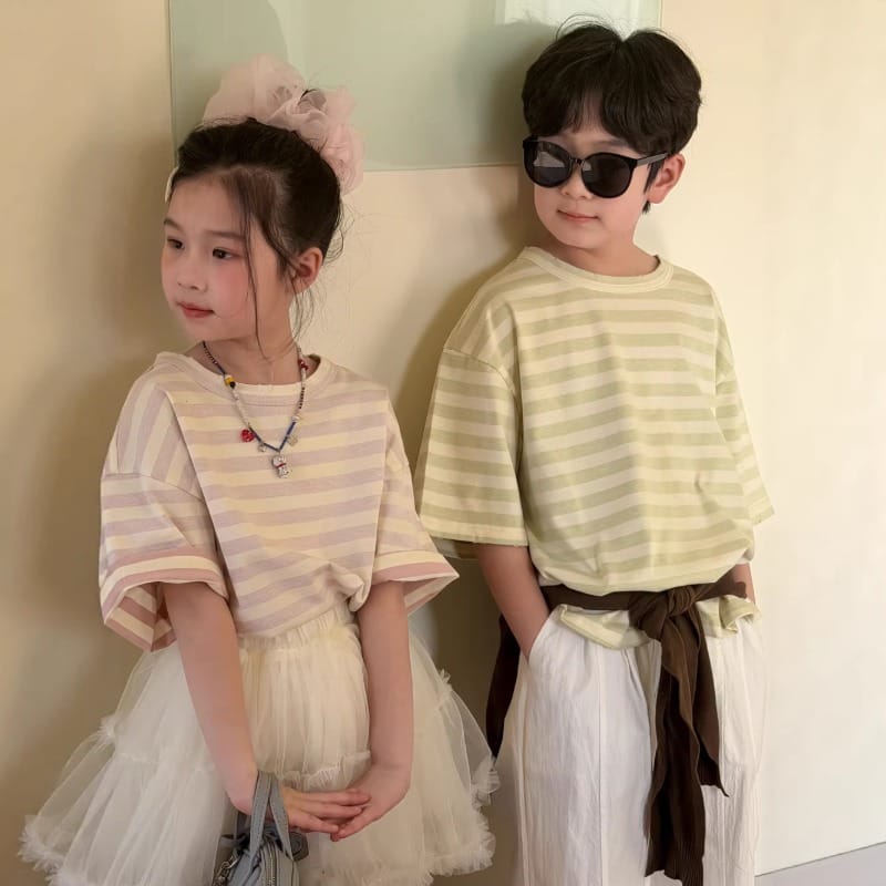 【KID】パステルカラーストライプ半袖Tシャツ