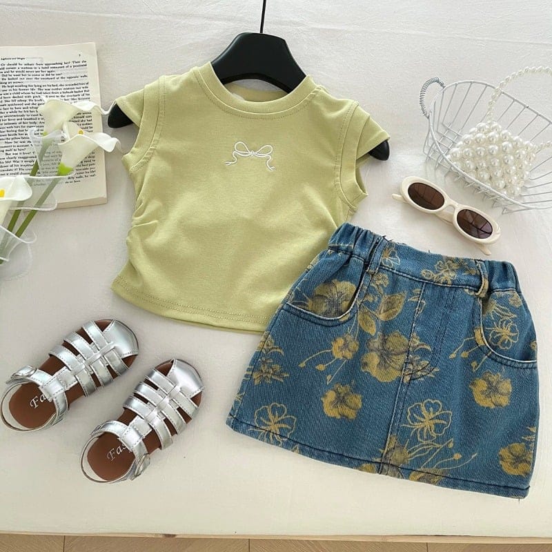 リボン刺繍半袖Tシャツフラワーデニムスカートセット
