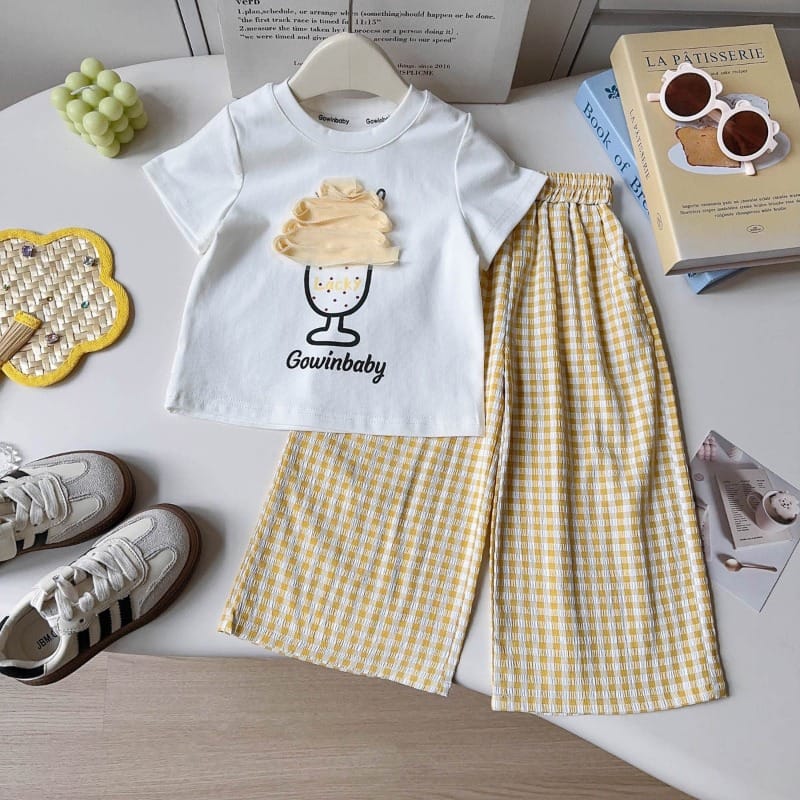 【セット】レモンクリーム半袖Tシャツチェックパンツセットアップ
