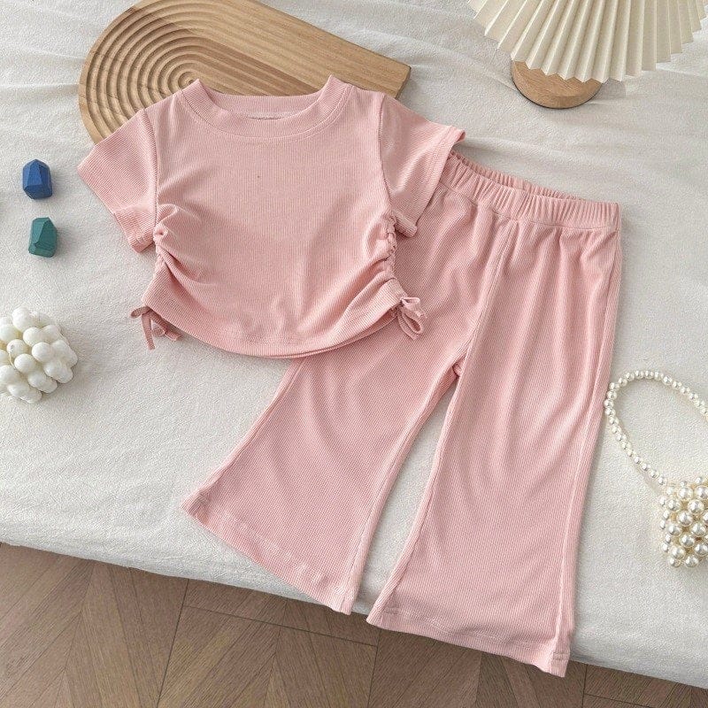 サイドリボン半袖リブTシャツフレアパンツセットアップ